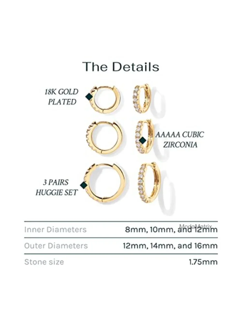 14K Gold Plated Hoop Earrings Set - 3 Pairs Huggie Earrings with Cubic Zirconia